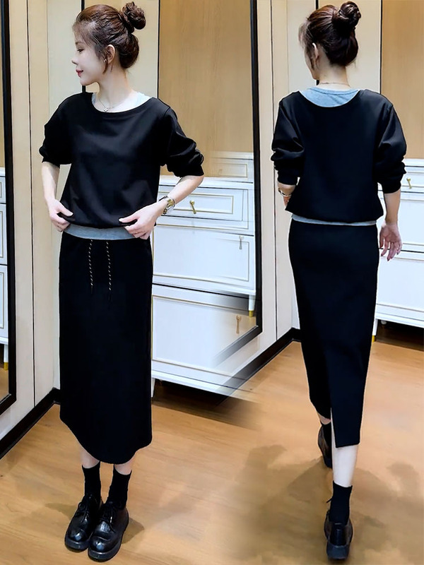 时尚套装裙女2025秋季新款洋气显瘦假两件拼接卫衣半身裙两件套潮|undefined