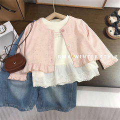 女小童时尚套装春秋新款宝宝花边开衫牛仔裤三件套女孩春装潮外贸