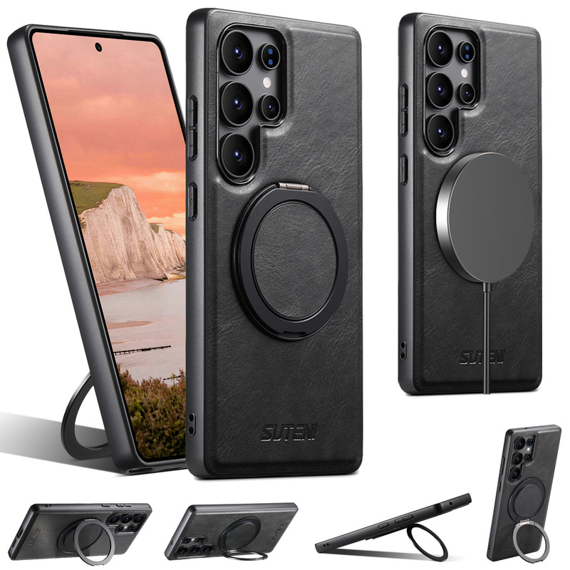 Suitable for Samsung S26Ultra Wireless Charging S25 Mobile Phone Case with Magnetic Suction 360 ° Rotating Stand Ring Buckle Leather Case