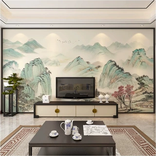 定制新中式客厅背景墙纸富春山居图餐厅沙发装饰壁纸墙布山水壁布