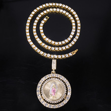 欧美新款嘻哈潮男女镶钻合金可旋转圣母玛利亚神像吊坠项链配饰