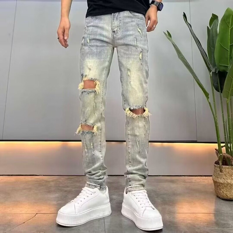 Knee Scratched Ripped Jeans Men's Trendy Brand Thin All-Match Slim Look Handsome Vintage Old Slim-Fit Skinny Pants Knee Scratched Ripped Jeans Men's Trendy Brand Thin All-Match Slim Look Handsome Vintage Old Slim-Fit Skinny Pants