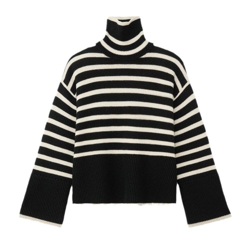 Turtleneck black and white striped sweater women's sweater loose pullover spring and autumn warm and flesh-covering internet celebrity inner slit