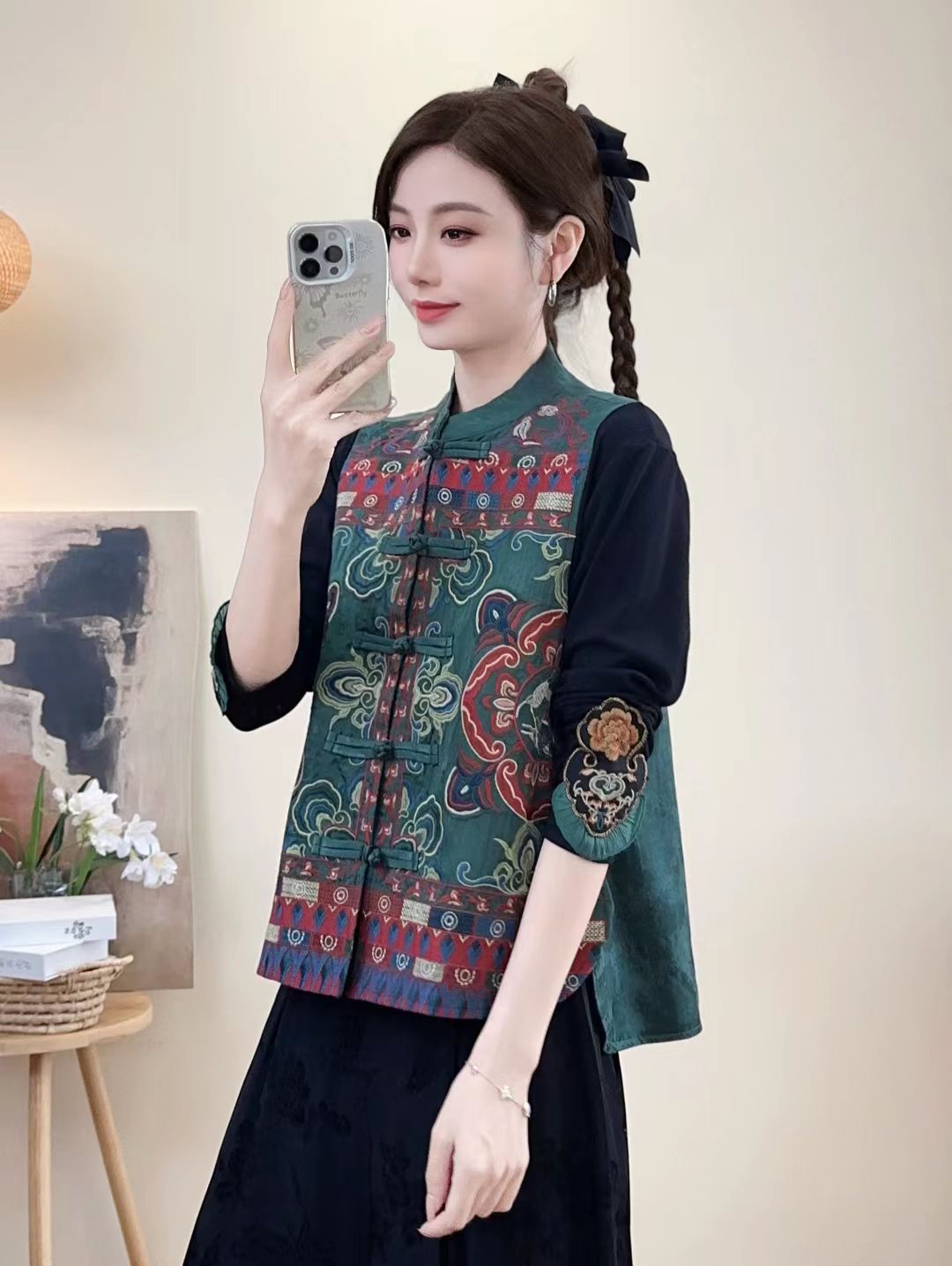 2025 otoño nuevo estilo suelto damas casuales de mediana edad collar bordado estilo nacional hombro sin mangas chaleco superior