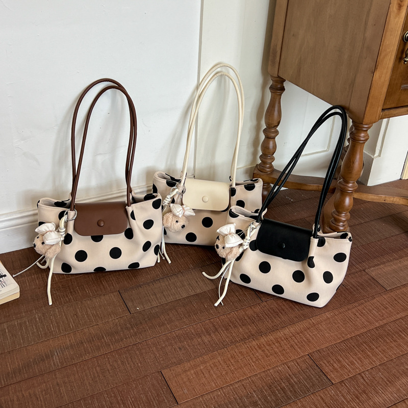 Korean Style Niche Patchwork Polka Dot Canvas Bag for Women 2026 Summer New Style Daily Use Large Capacity Commuter Tote Bag