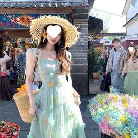 碎花花朵网纱吊带连衣裙长裙夏季韩版法式收腰显瘦仙女度假风长款