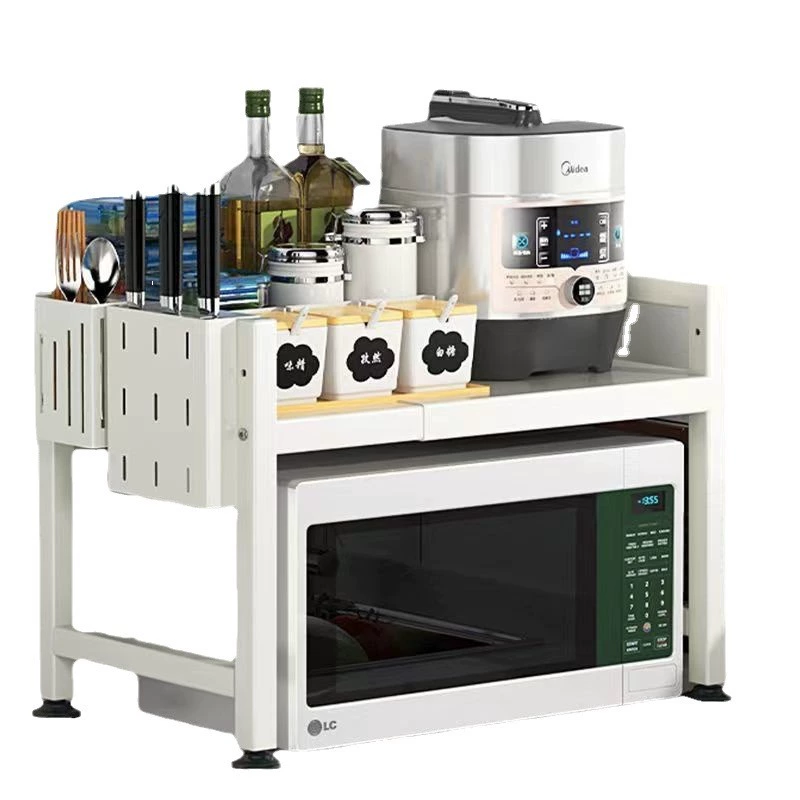 Telescopic microwave oven rack, retractable kitchen storage shelf, single/double layer with hooks
