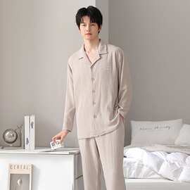 春秋新款纯棉纱布男士长袖长裤开衫翻领睡衣休闲男家居服图片色