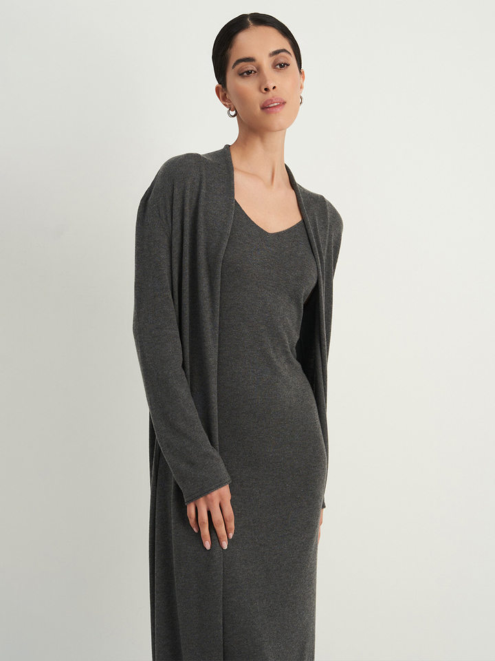 Bộ đầm dài kèm áo cardigan dệt kim dài tay nữ — Màu cà phê đậm, Màu hồng, Màu trắng, Màu xám chi tiết 111