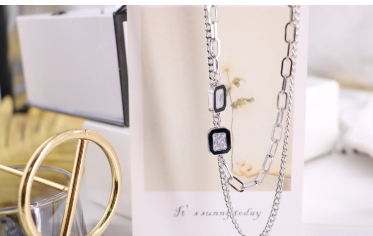 Moda Cuadrado Acero Titanio Embutido Diamante Artificial Collares En Capas 1 Pieza display picture 2