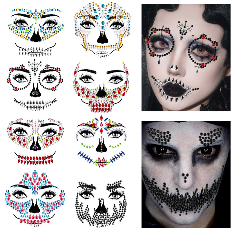 Cross-Border New Halloween Series Diamond Stickers Horror Face Decoration Accessories Stage Performance Skull Face Stickers Cross-Border New Halloween Series Diamond Stickers Horror Face Decoration Accessories Stage Performance Skull Face Stickers