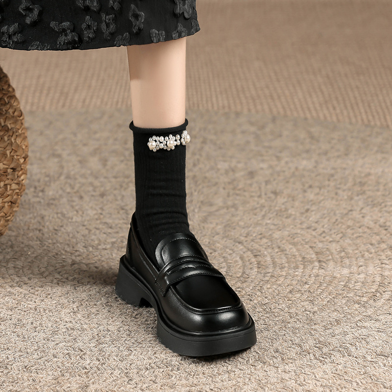 Women's Thick-soled Loafers, Plush-lined Chunky Heel Shoes Black_voghion.com
