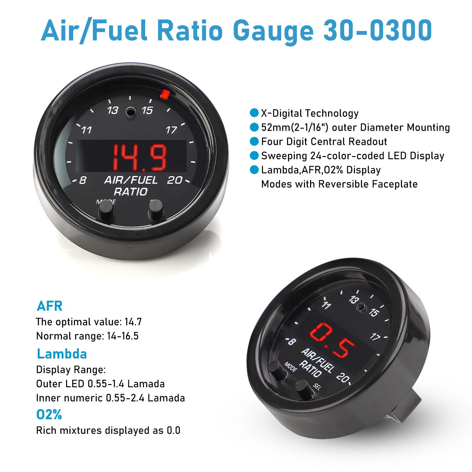 Car Modification Wide-Range Air-Fuel Ratio Gauge 52mm Air-Fuel Ratio Meter with Wide Oxygen Sensor Set Lsu4.9