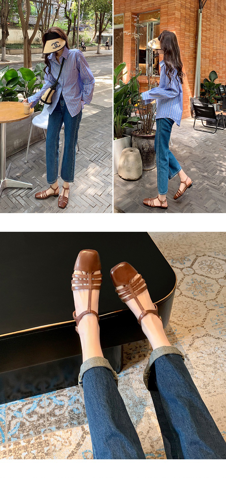 Sandal nữ đế bằng da bò lớp đầu quai chữ T dệt cổ điển — Màu nâu chi tiết 8