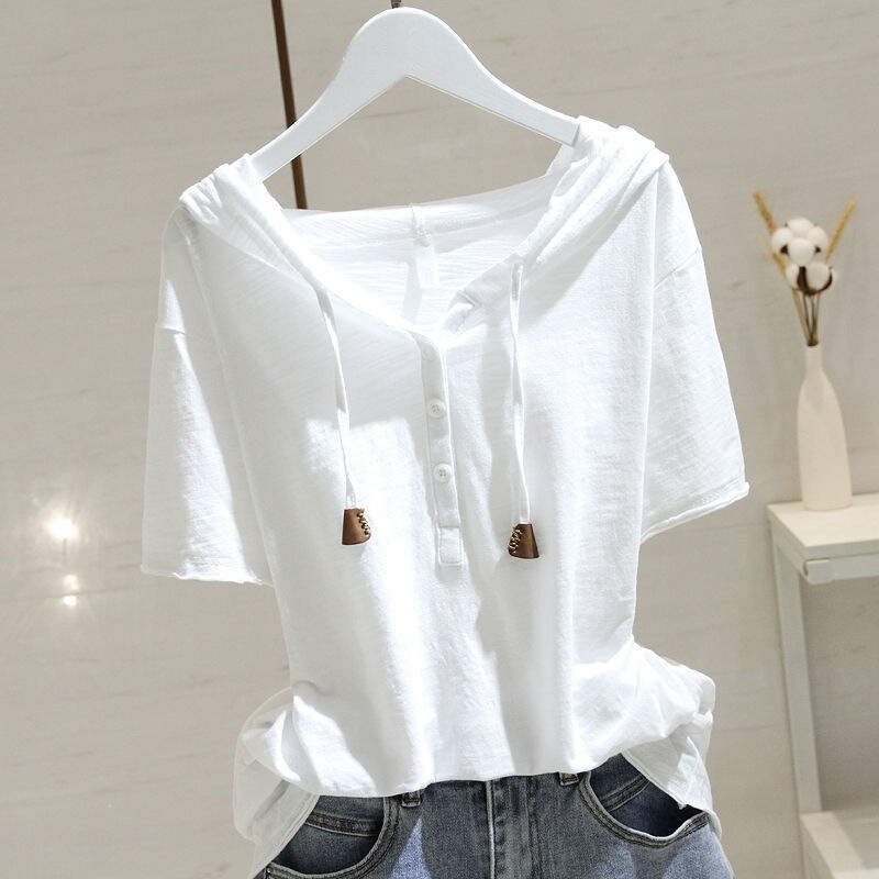 Hooded White Short-Sleeved T-Shirt for Women 2026 Spring and Summer New Style Wholesale Loose Slimming Versatile Belly-Covering Top Sweatshirt
