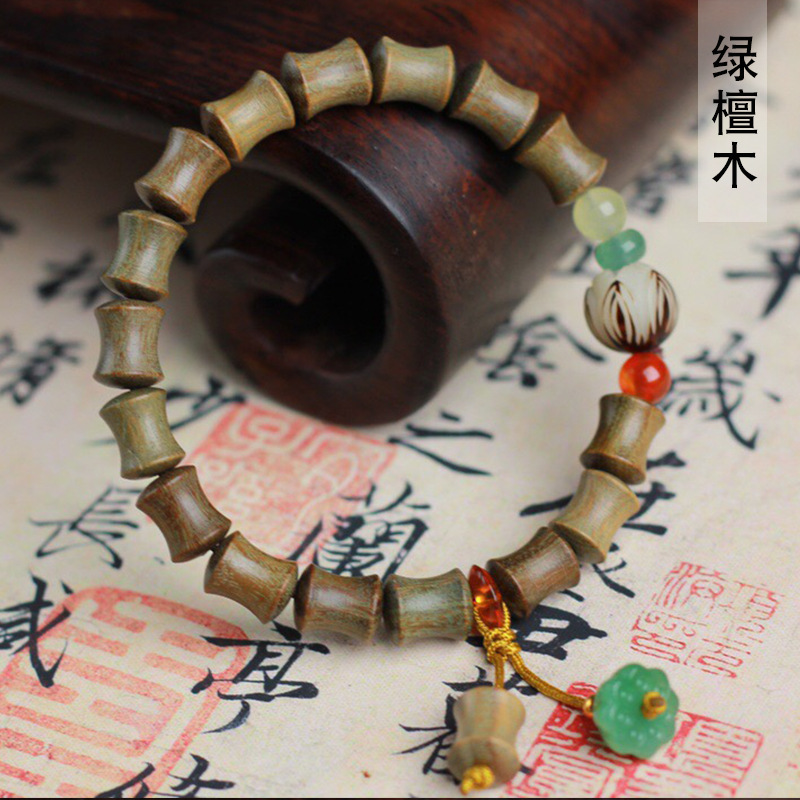 Green sandalwood bamboo-joint style jade lotus fragrance bracelet, 0.8 x 16 beads, unisex decorative prayer beads, jewelry.