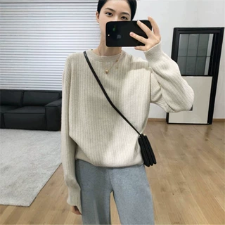 2026年秋冬韩版女装宽松遮肉慵懒风圆领针织打底衫纯色套头毛衣女
