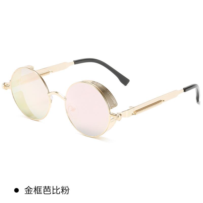 Cross-Border Popular Steampunk Metal Sunglasses Retro Metal Frame Sunglasses Round Thick Frame Spring Temple Sun