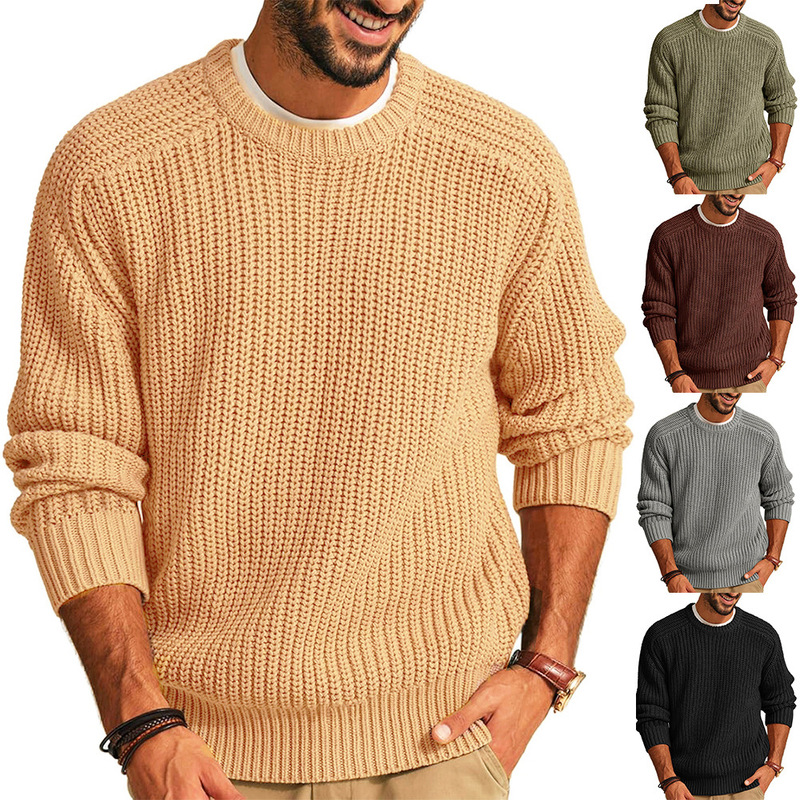European and American Amazon Cross-border New Men's Solid Color Long Sleeve Round Neck Fashion Sweater Loose American Retro Knitted Sweater