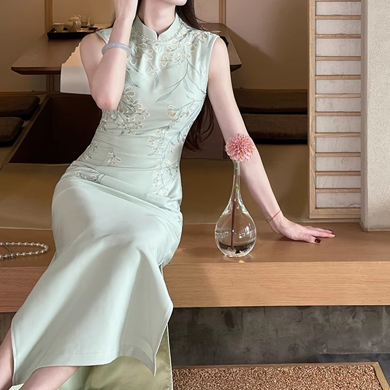 锦倩【青绣】新中式气质优雅绣花改良旗袍夏季女绝美连衣裙旗袍领|undefined