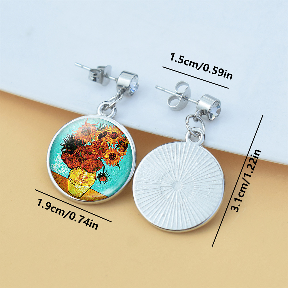Pendientes de diamantes brillantes de flores Iris de girasol Van Gogh Art Starry Sky Pintura al óleo Pendientes de estilo europeo y americano medieval