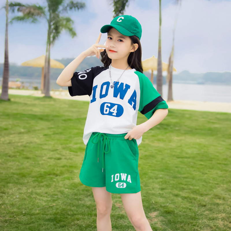 女童球服夏季短袖字母两件套中大童时尚短裤运动套装儿童个性球衣