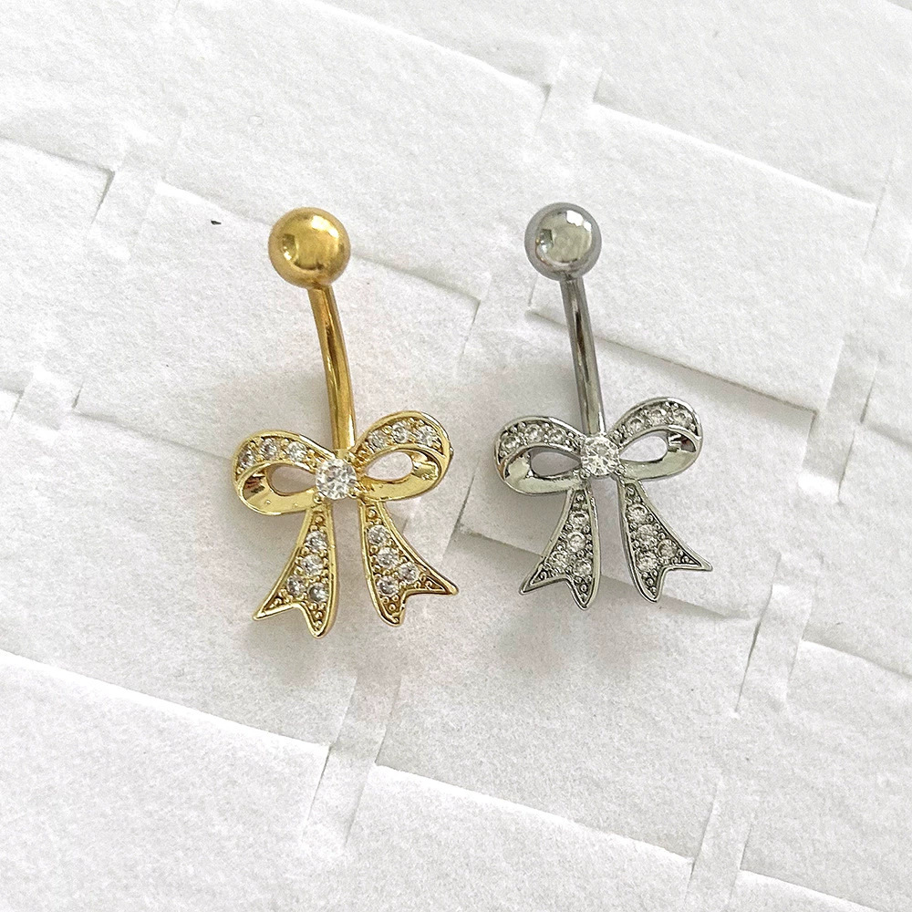 Bow Design Belly Button Ring With Zirconia In Stainless Steel_voghion.com