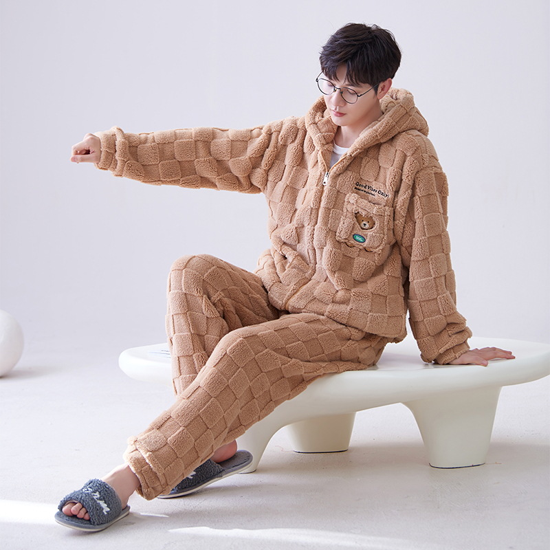 Pijamas Otoño e Invierno de los hombres de lana de coral forrado de lana gruesa caliente con capucha franela suelta más tamaño homewear traje