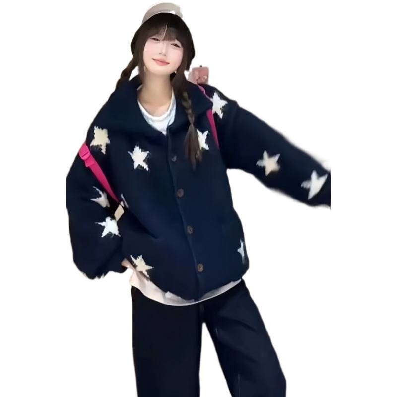 韩系星星提花翻领口袋针织开衫女早秋冬新款慵懒时尚宽松显瘦外套|undefined