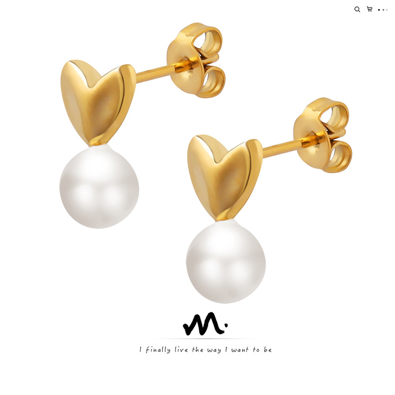 Estilo francés retro elegante imitación perla melocotón corazón pendientes de titanio Chapado en acero 18K oro pendientes nicho diseño pendientes