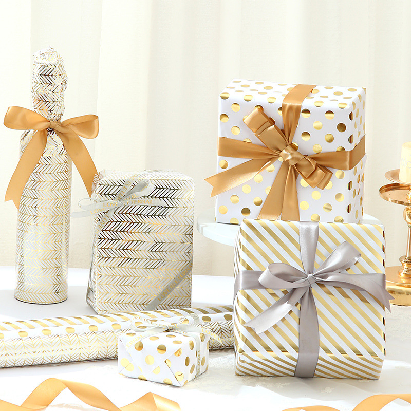 Amazon venta caliente de papel de gran tamaño de papel de papel de bronce estampado dorado ondulado punto inclinado banda de regalo papel de embalaje mayorista