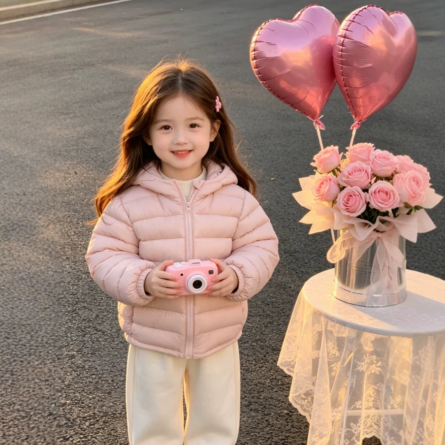New autumn and winter children's lightweight cotton jacket for boys and girls, baby ribbed style hooded warm parent-child cotton coat