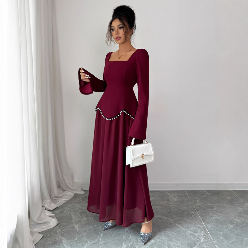 2025 Cross-Border European and American Elegant Simple Evening Dress Long-Sleeved High-End Long Skirt Dress Women's Autumn and Winter Amazon