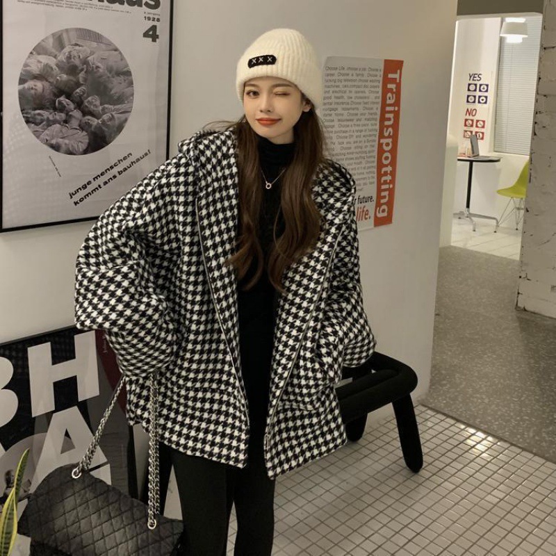 Extra de gran tamaño Chubby Girl 1,00 kg-150,00 kg cardigan houndstooth coat mujeres delgadas oversize sueltas suéter uniforme de béisbol