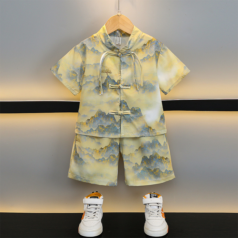 5005 nuevo traje de manga corta de verano para niños de estilo chino delgado 2025 nueva ropa para niños estilo de verano para bebés ropa de estilo nacional