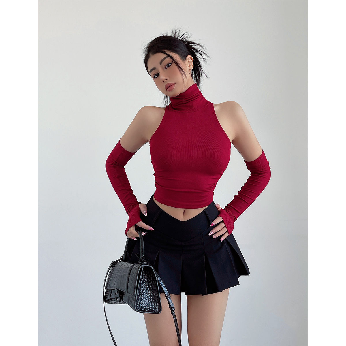 2023 새로운 유럽과 미국의 스파이스 걸스 섹시 래셔 하이 칼라 탑 여성용 슬림 슬리밍 짧은 배꼽 노출 티셔츠