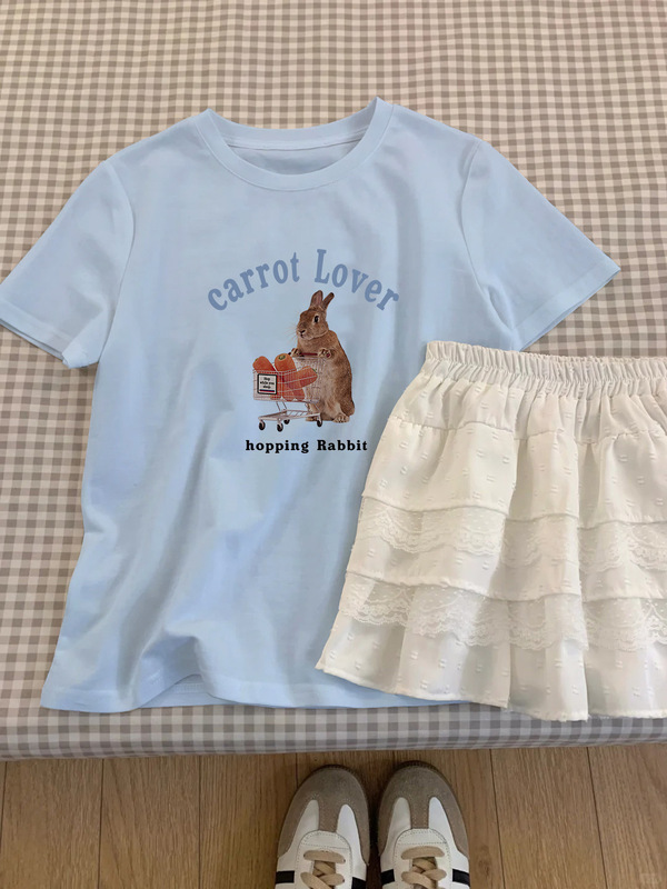 韓国版アニメウサギのプリント上着の女性2024夏綿綿の肩がやせているtシャツがゆるいins半袖|undefined