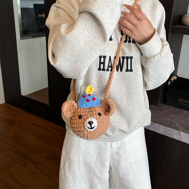Caricatura adorable animal pequeño, bolso de hombro para niños y niñas, bolso de tela de gancho hecho a mano para bebés, bolso de peluche de otoño y invierno para niños