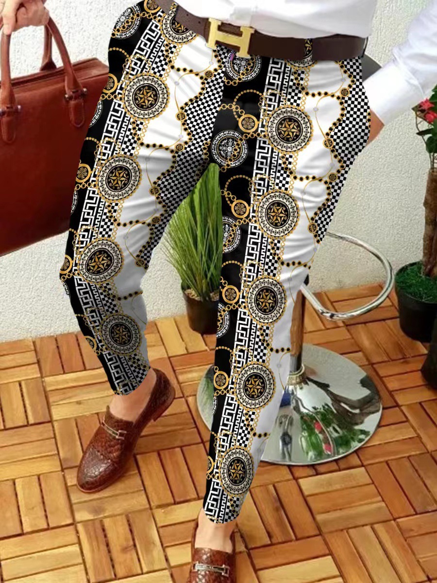 2023 estación independiente transfronteriza europea y americana nuevo patrón casual de los hombres impreso Mediados de cintura traje casual pantalones micro pantalones elásticos