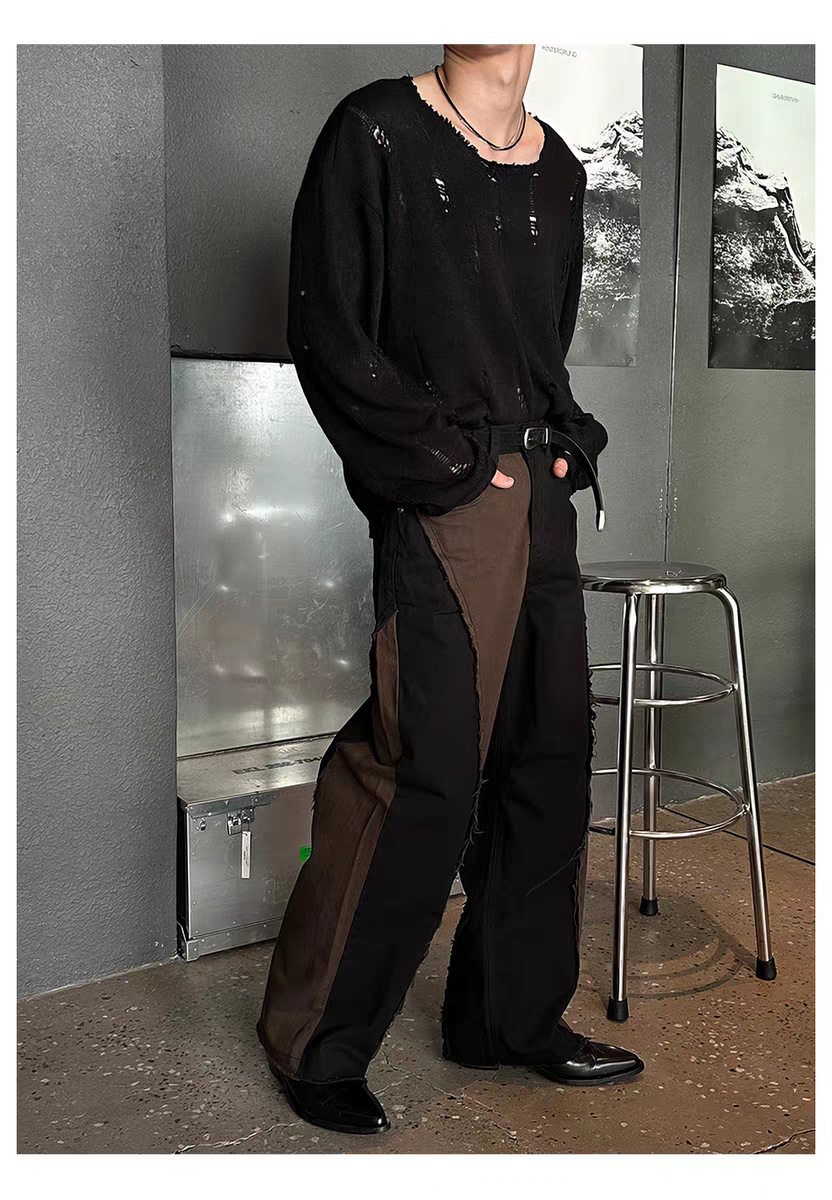 Herrenbekleidung: Herren-Strickpullover im Used-Look mit Spitzenbesatz und übergroßem Kragen – Trendiger Langarmpullover für Streetwear und Lagenlook_voghion.com