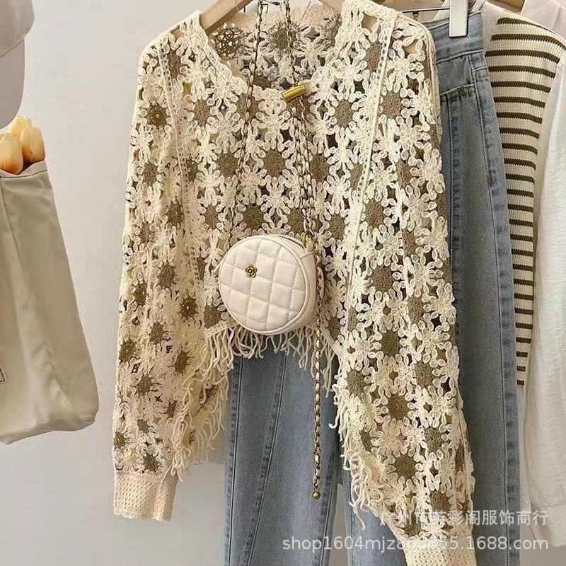西洋スタイル秋の新レトロファッションかぎ針編みニットカーディガン女性のデザインニッチタッセルセータージャケットトップ|undefined