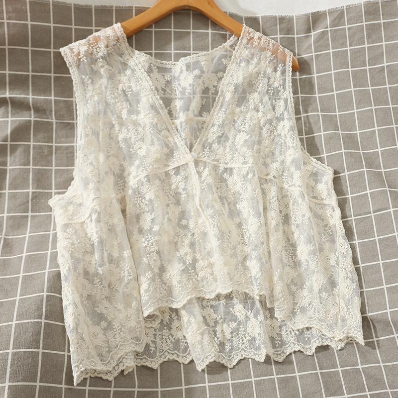 One-Button Blouse Design, Seaside Vacation Hollow Lace Outer Wear, Sleeveless Vest
