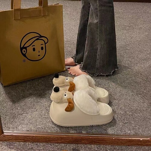 Cartoon puppy removable waterproof cotton slippers for women to wear outside in winter cute warm woolen cotton shoes confinement slippers for women