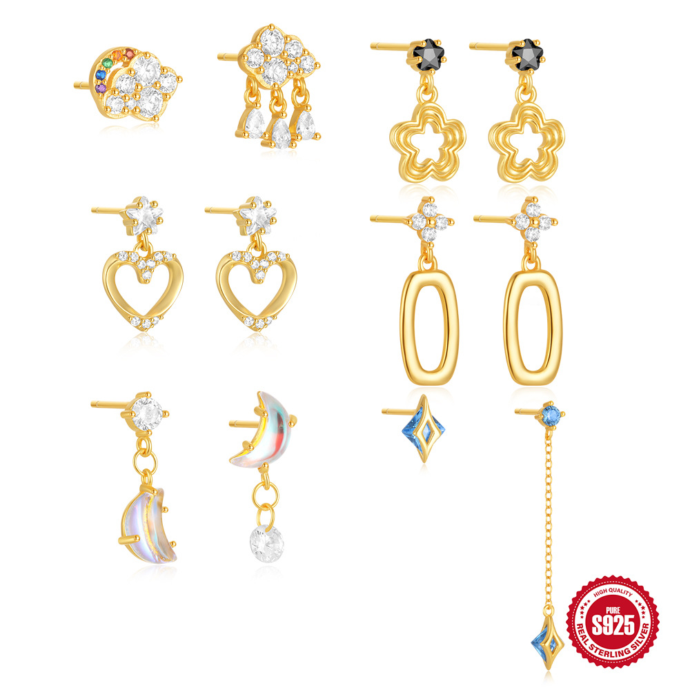 Moda europea y americana simple estilo ins s925 plata de ley elemento de flor de cinco pétalos ciruela circonio negro sensación de metal Pendientes de otoño e invierno