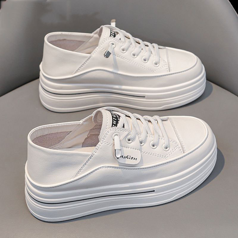 Genuine Leather Versatile Two-Way Slip-On Thick-Soled White Shoes for Women with Hidden Height Increase, 2026 Summer Casual Sports Shoes