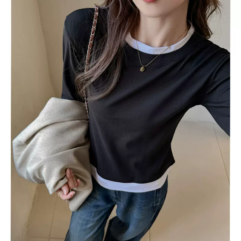 秋冬季圆领撞色假两件长袖正肩t恤女内搭设计感打底衫高级感上衣