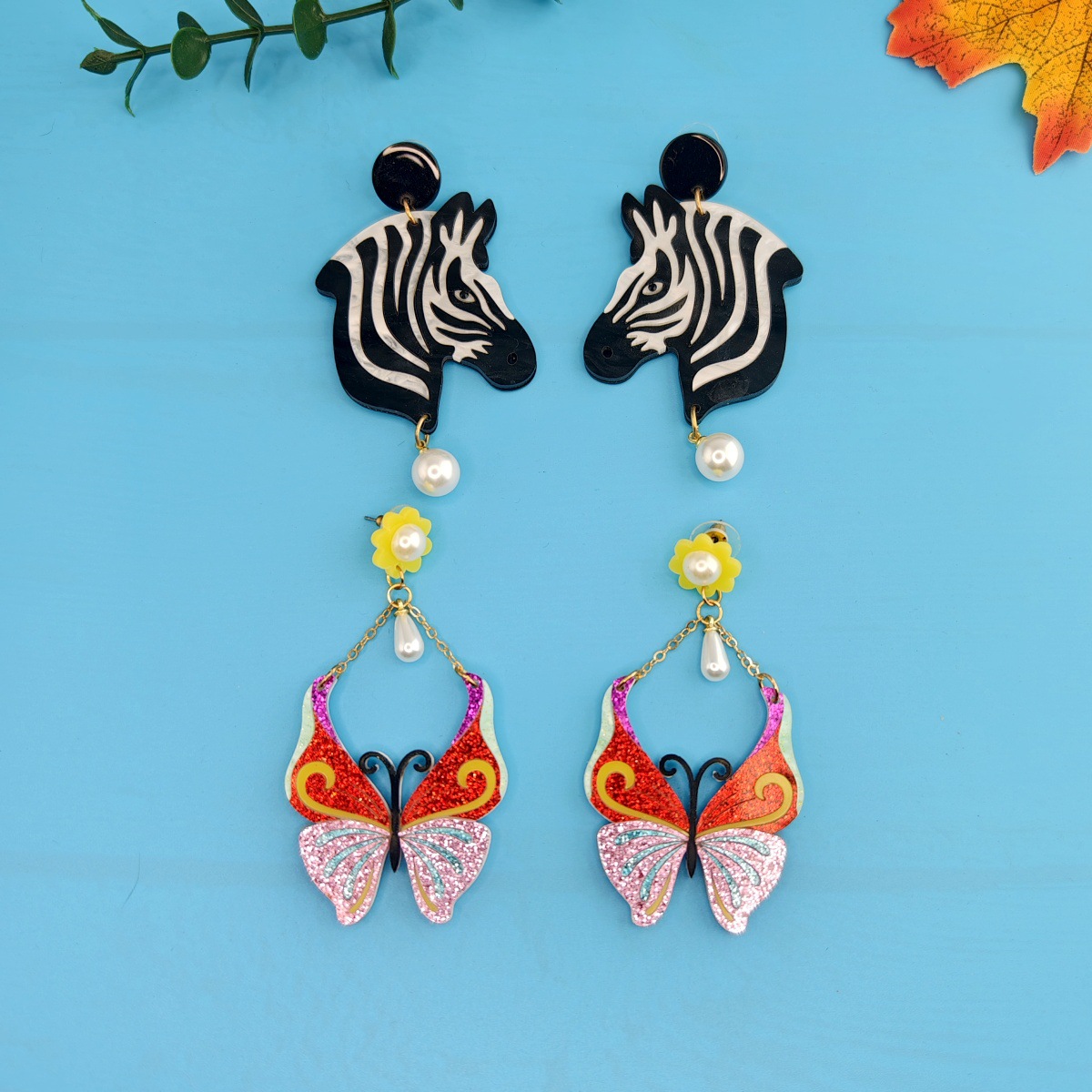 欧美跨境亚马逊板材拼接多色耳环斑马蝴蝶个性时尚清新可爱耳饰