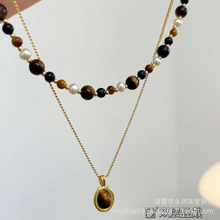 Autumn and Winter Maillard Wind Tiger Eye Pearl suit 4-5MM Natural Freshwater Pearl Necklace Bracelet Stacked Elegant