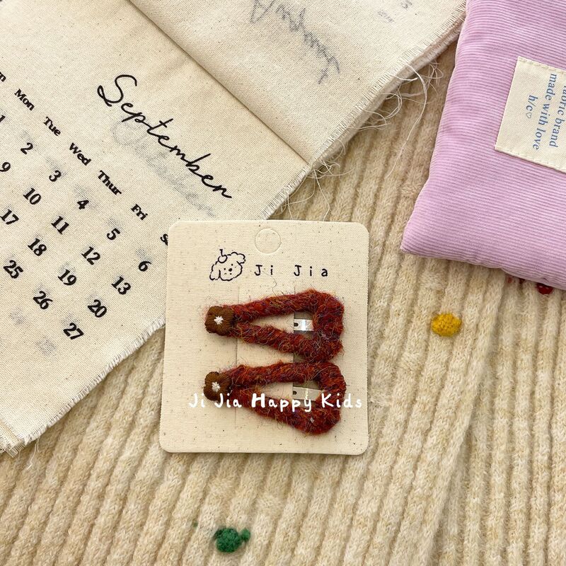 秋冬新款混色毛线三角发夹甜美刺绣小花BB夹百搭刘海碎发夹边夹|undefined