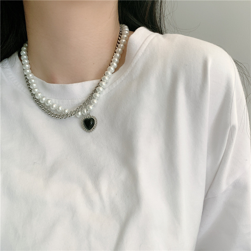 fashion new style Double Titanium Steel Pearl Necklace